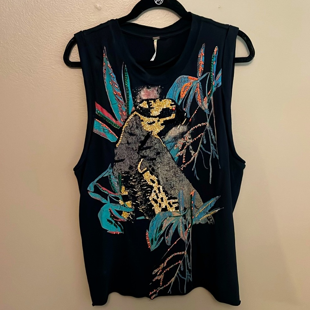 Free People Beaded Animal Black Tank - size M